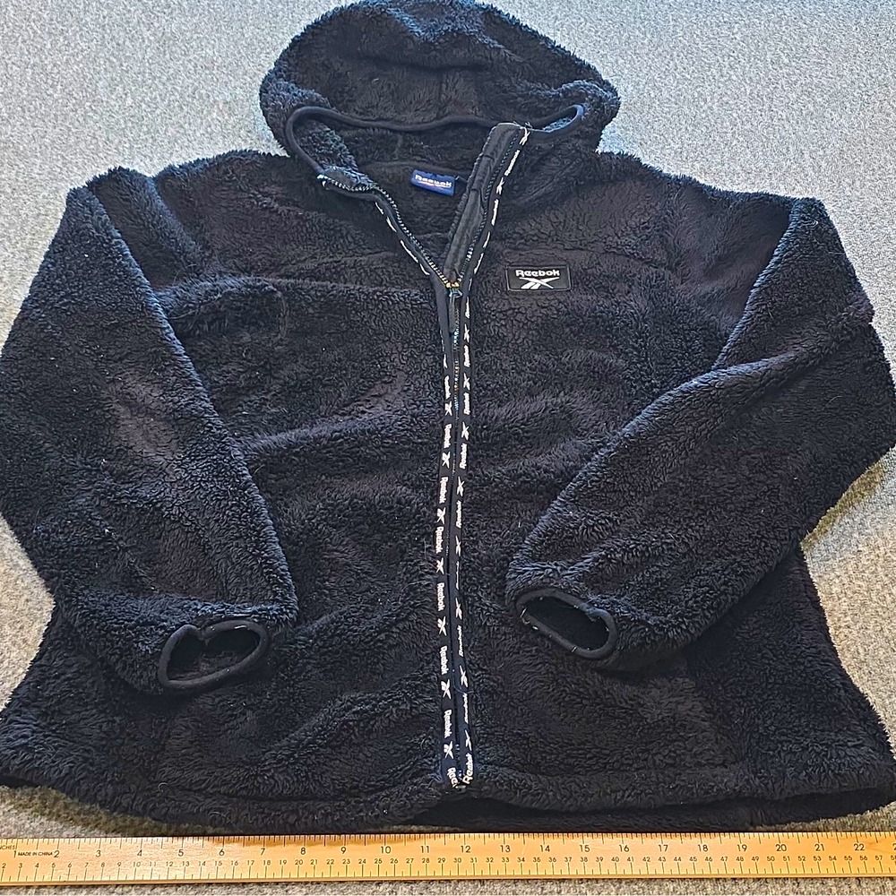 Reebok Womens L Black Hooded Full Zip Fleece Jacket Long Sleeve